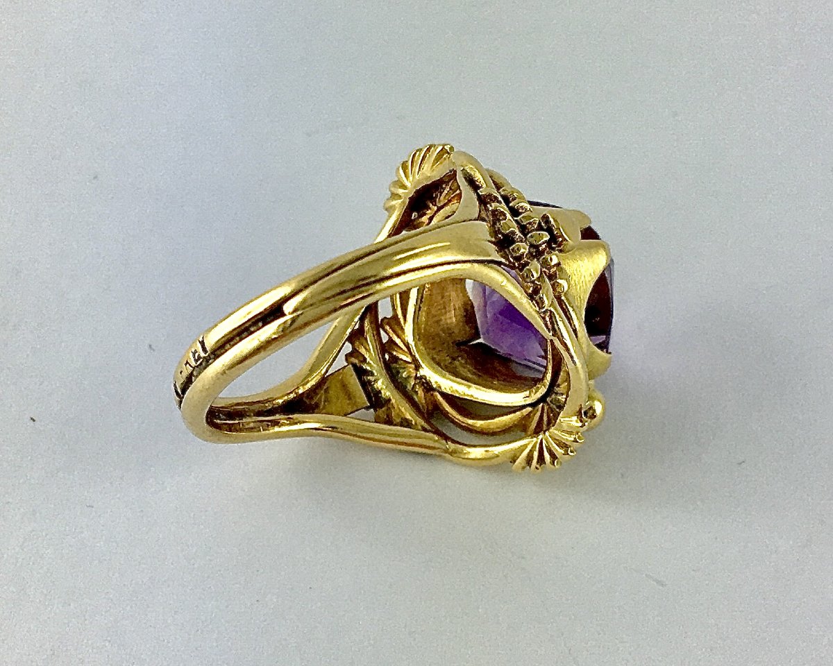 Art Nouveau Ring Cushion Amethyst On Yellow Gold-photo-7