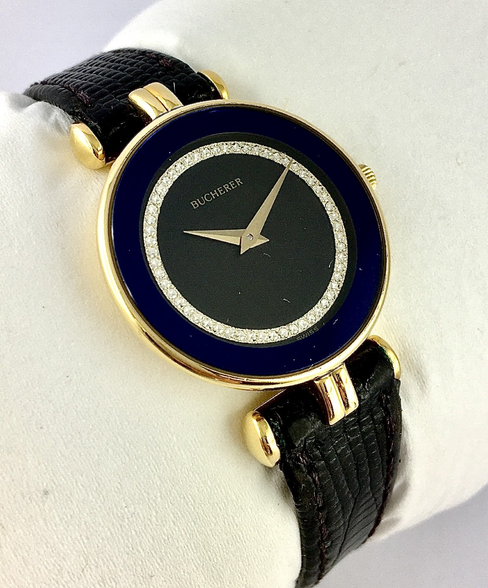 Montre de Dame Bucherer 2010 Plaquée Sur Cuir, Quartz, Ultra Plate