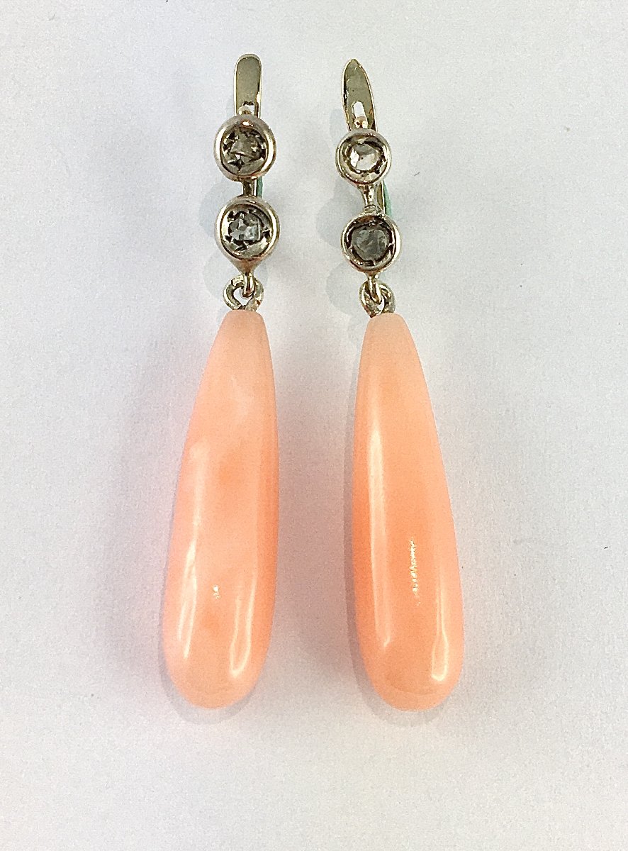 Boucles d’Oreilles Pendants Gouttes de Corail Peau d’Ange et Diamants sur Argent et Or Blanc-photo-2