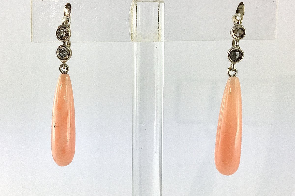 Boucles d’Oreilles Pendants Gouttes de Corail Peau d’Ange et Diamants sur Argent et Or Blanc-photo-4