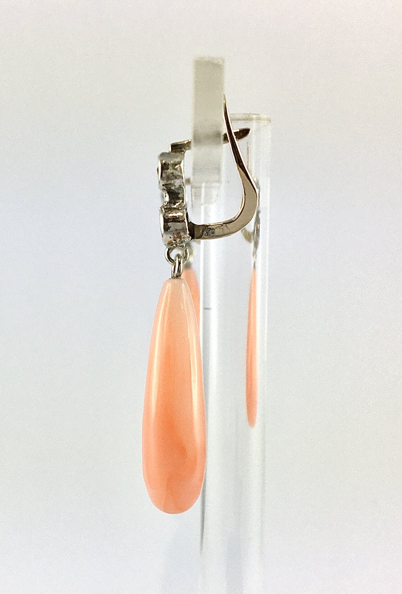 Boucles d’Oreilles Pendants Gouttes de Corail Peau d’Ange et Diamants sur Argent et Or Blanc-photo-5