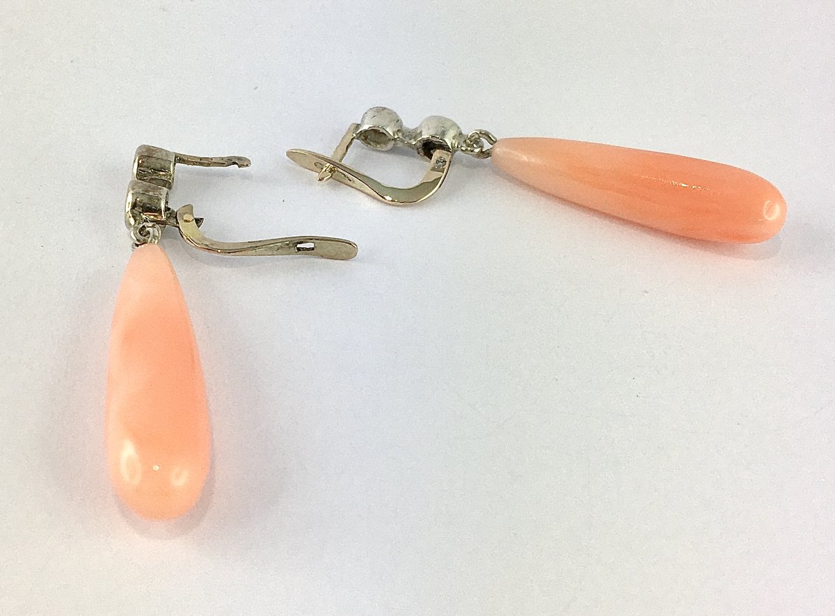 Boucles d’Oreilles Pendants Gouttes de Corail Peau d’Ange et Diamants sur Argent et Or Blanc-photo-7