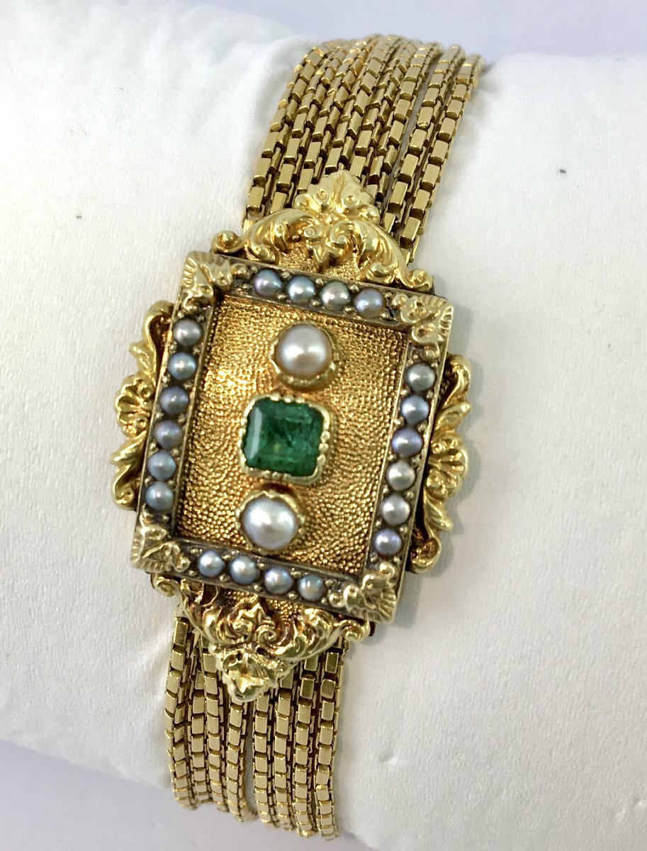 19th Century 1st Empire Napoleon Emerald And Fine Pearls On Yellow Gold Multirank Bracelet-photo-2
