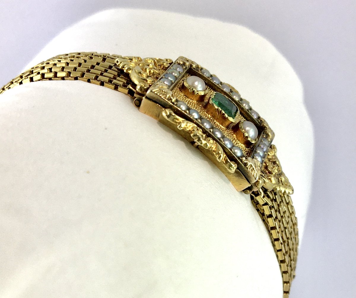 19th Century 1st Empire Napoleon Emerald And Fine Pearls On Yellow Gold Multirank Bracelet-photo-4