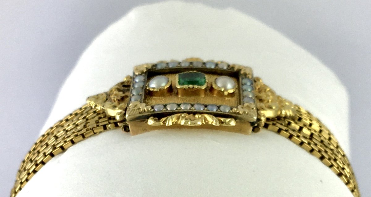 19th Century 1st Empire Napoleon Emerald And Fine Pearls On Yellow Gold Multirank Bracelet-photo-1