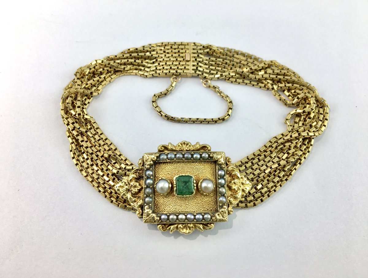 19th Century 1st Empire Napoleon Emerald And Fine Pearls On Yellow Gold Multirank Bracelet-photo-2