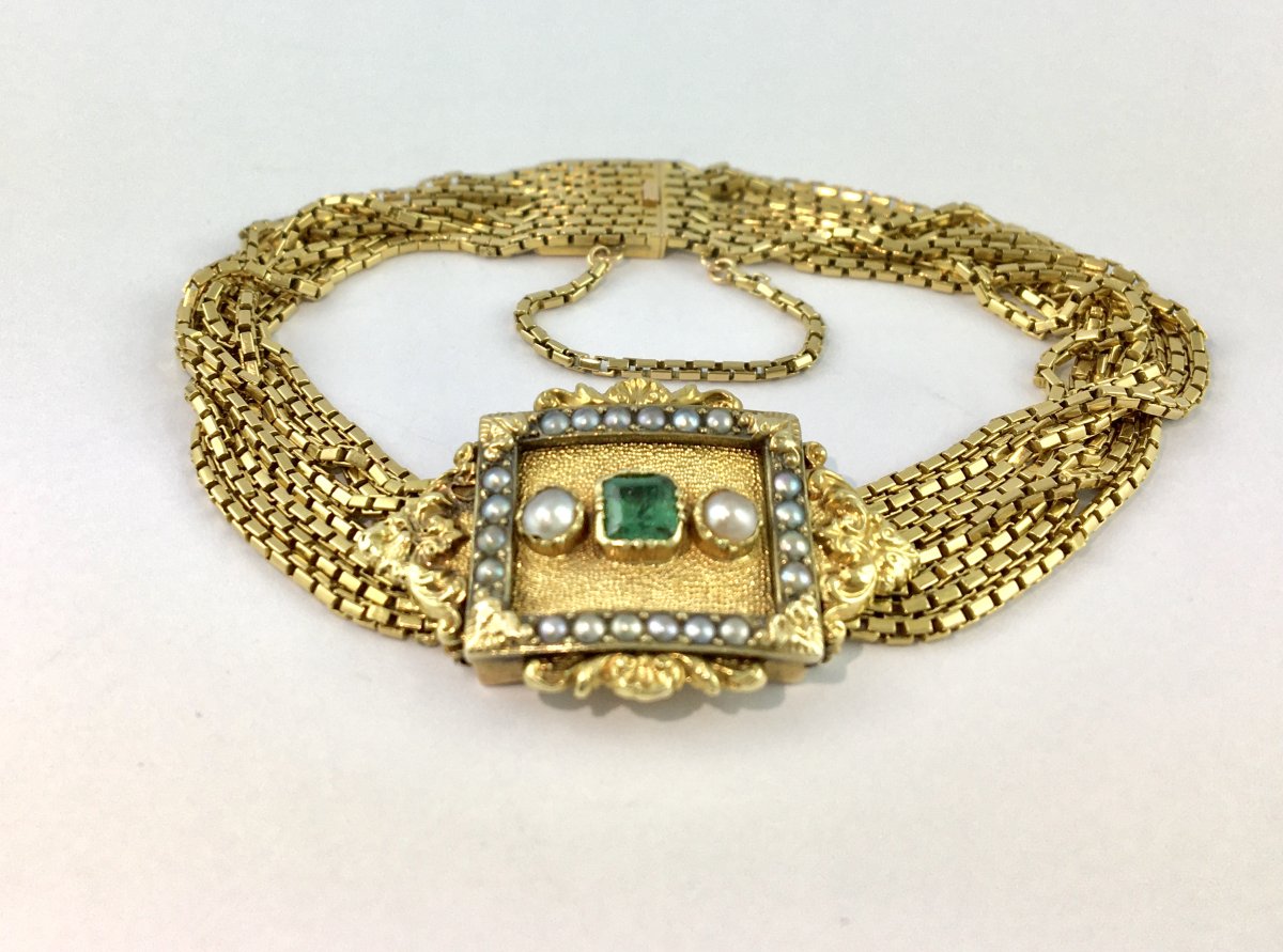 19th Century 1st Empire Napoleon Emerald And Fine Pearls On Yellow Gold Multirank Bracelet-photo-3