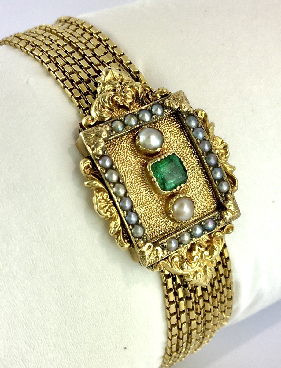 19th Century 1st Empire Napoleon Emerald And Fine Pearls On Yellow Gold Multirank Bracelet