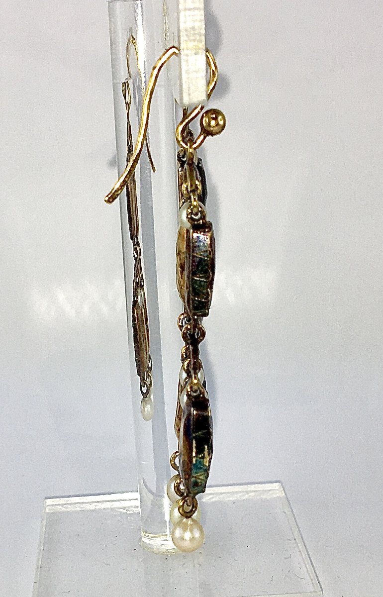 Boucles d’Oreilles Chandeliers Esprit Girandoles Grenats et Perles Fines sur Or Jaune -photo-4