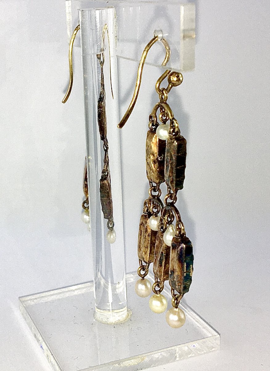 Boucles d’Oreilles Chandeliers Esprit Girandoles Grenats et Perles Fines sur Or Jaune -photo-5