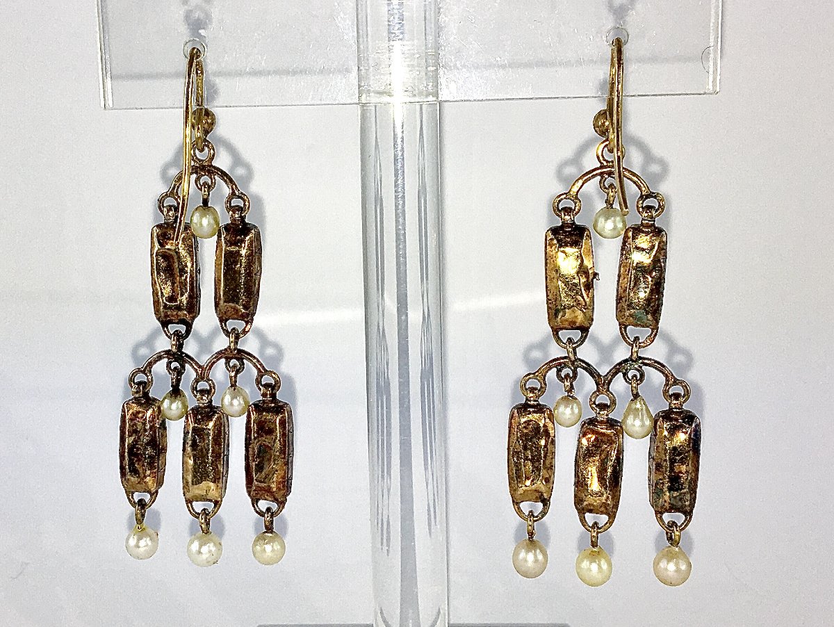 Boucles d’Oreilles Chandeliers Esprit Girandoles Grenats et Perles Fines sur Or Jaune -photo-7