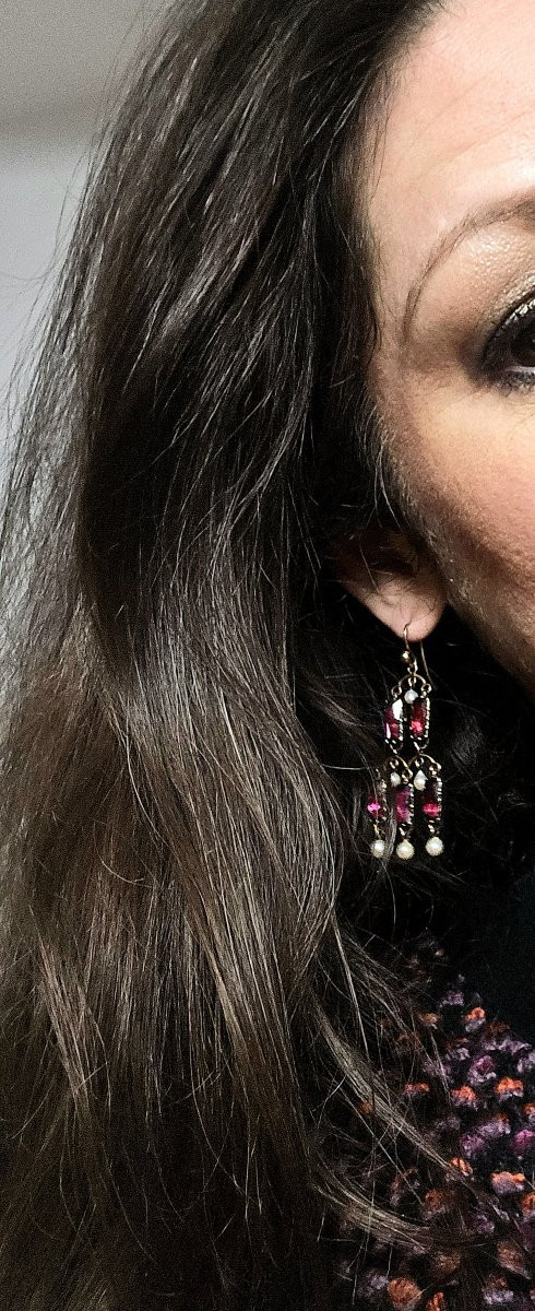 Boucles d’Oreilles Chandeliers Esprit Girandoles Grenats et Perles Fines sur Or Jaune -photo-8
