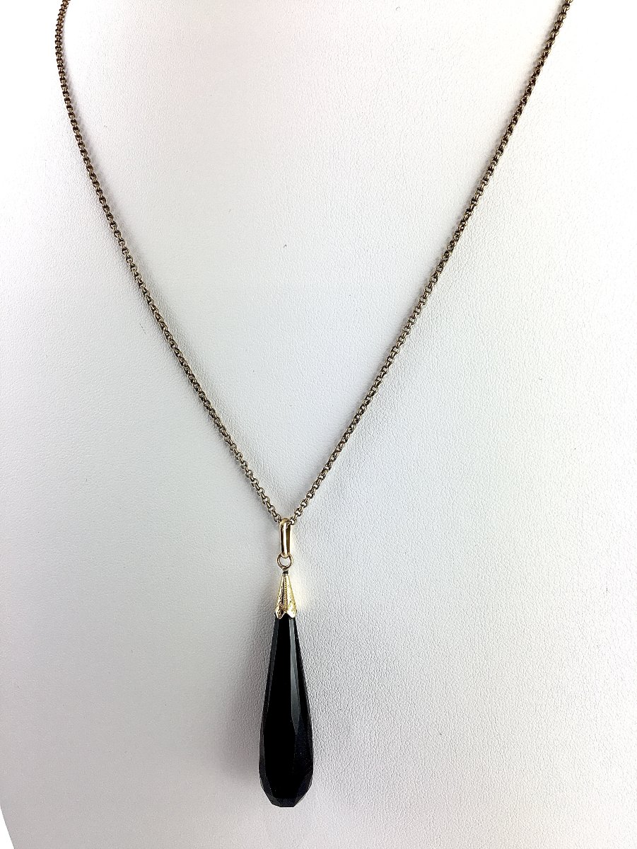 Pendentif Important Jais Forme Poire Facetté en Briolette sur Or Jaune-photo-3