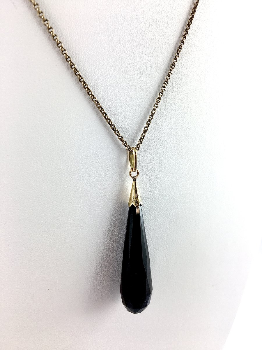 Pendentif Important Jais Forme Poire Facetté en Briolette sur Or Jaune-photo-4
