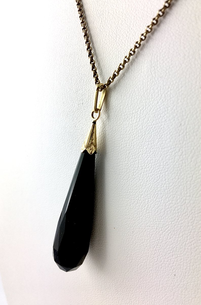Pendentif Important Jais Forme Poire Facetté en Briolette sur Or Jaune-photo-2