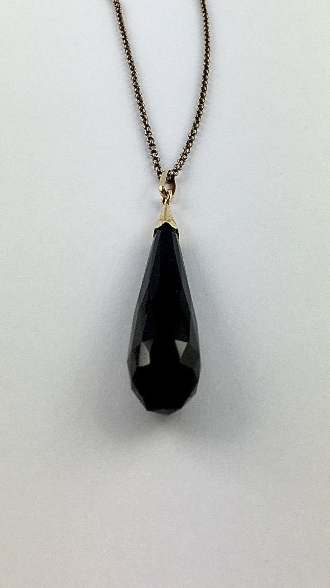 Pendentif Important Jais Forme Poire Facetté en Briolette sur Or Jaune-photo-6