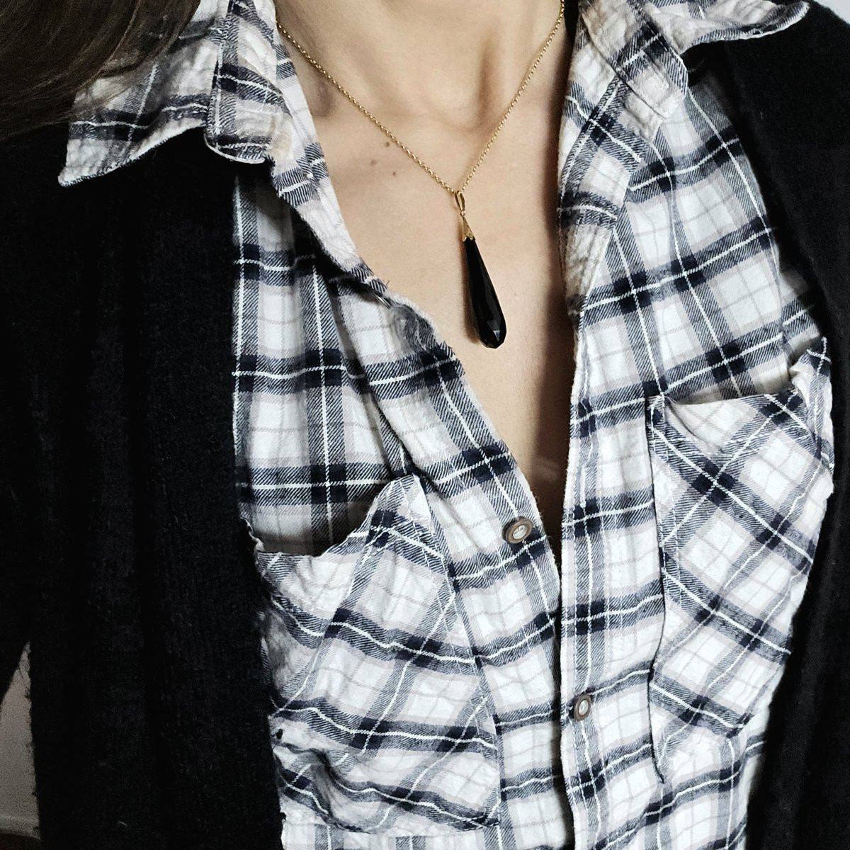 Pendentif Important Jais Forme Poire Facetté en Briolette sur Or Jaune-photo-7
