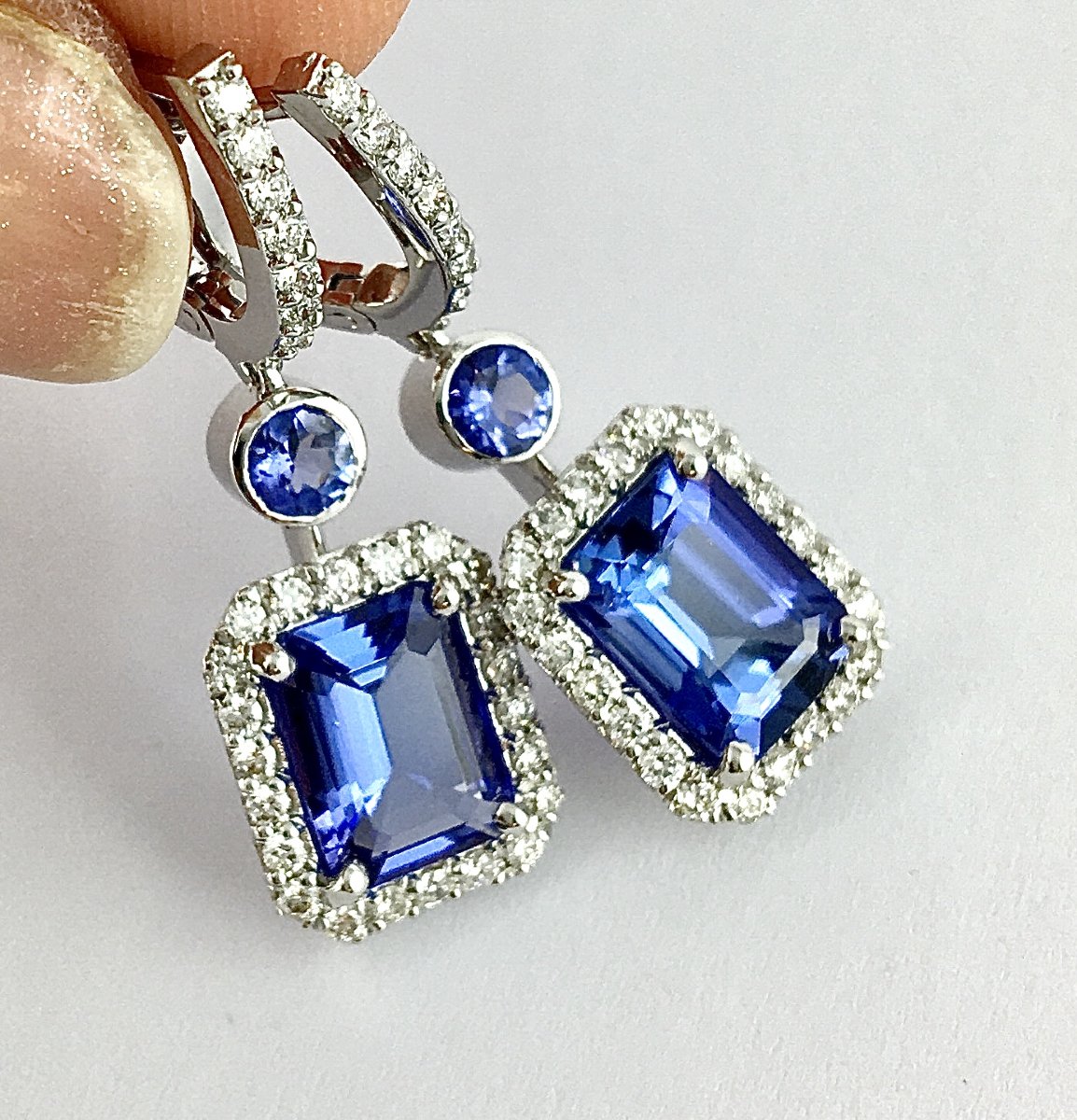 Emerald-cut Tanzanites And Diamonds On White Gold Earrings