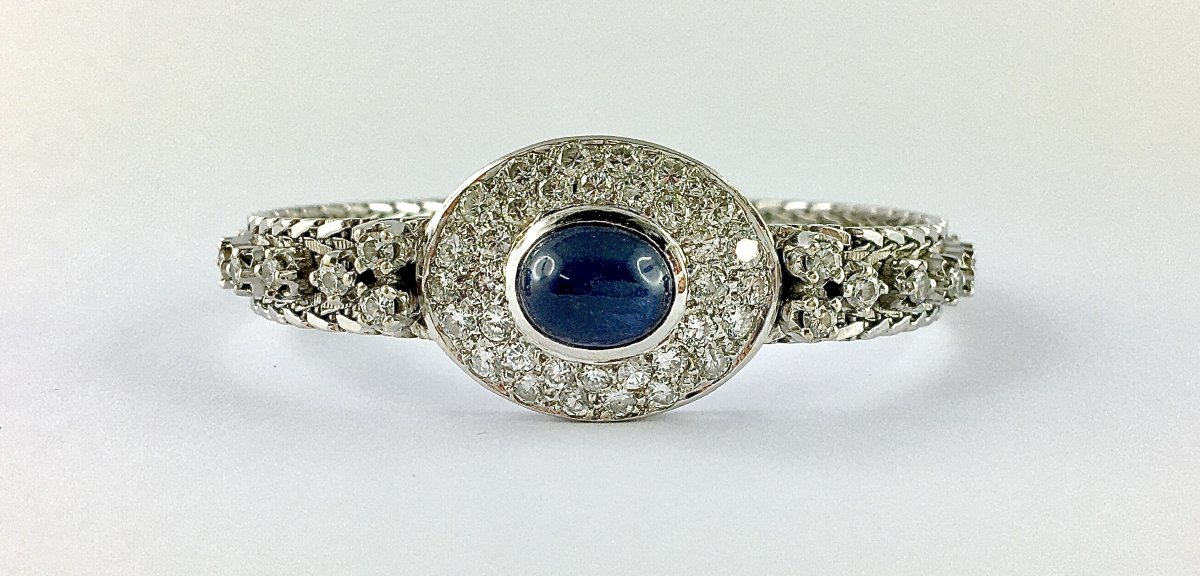 Vintage 70's Sapphire Cabochon And Diamond Pavage On White Gold Bracelet-photo-2