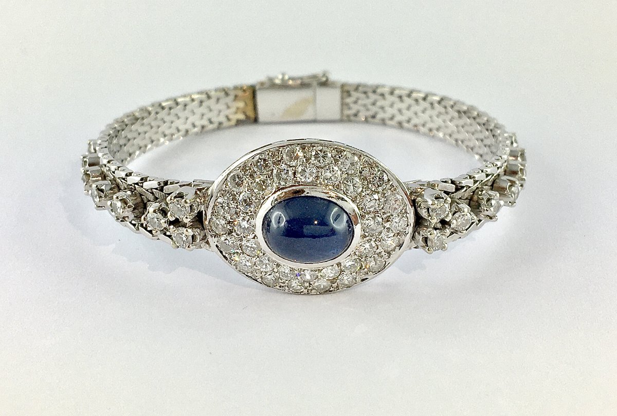 Vintage 70's Sapphire Cabochon And Diamond Pavage On White Gold Bracelet-photo-3