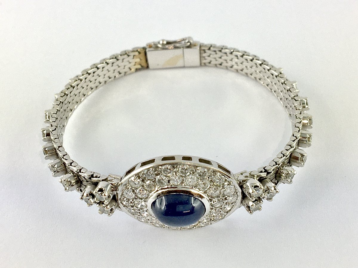 Vintage 70's Sapphire Cabochon And Diamond Pavage On White Gold Bracelet-photo-4