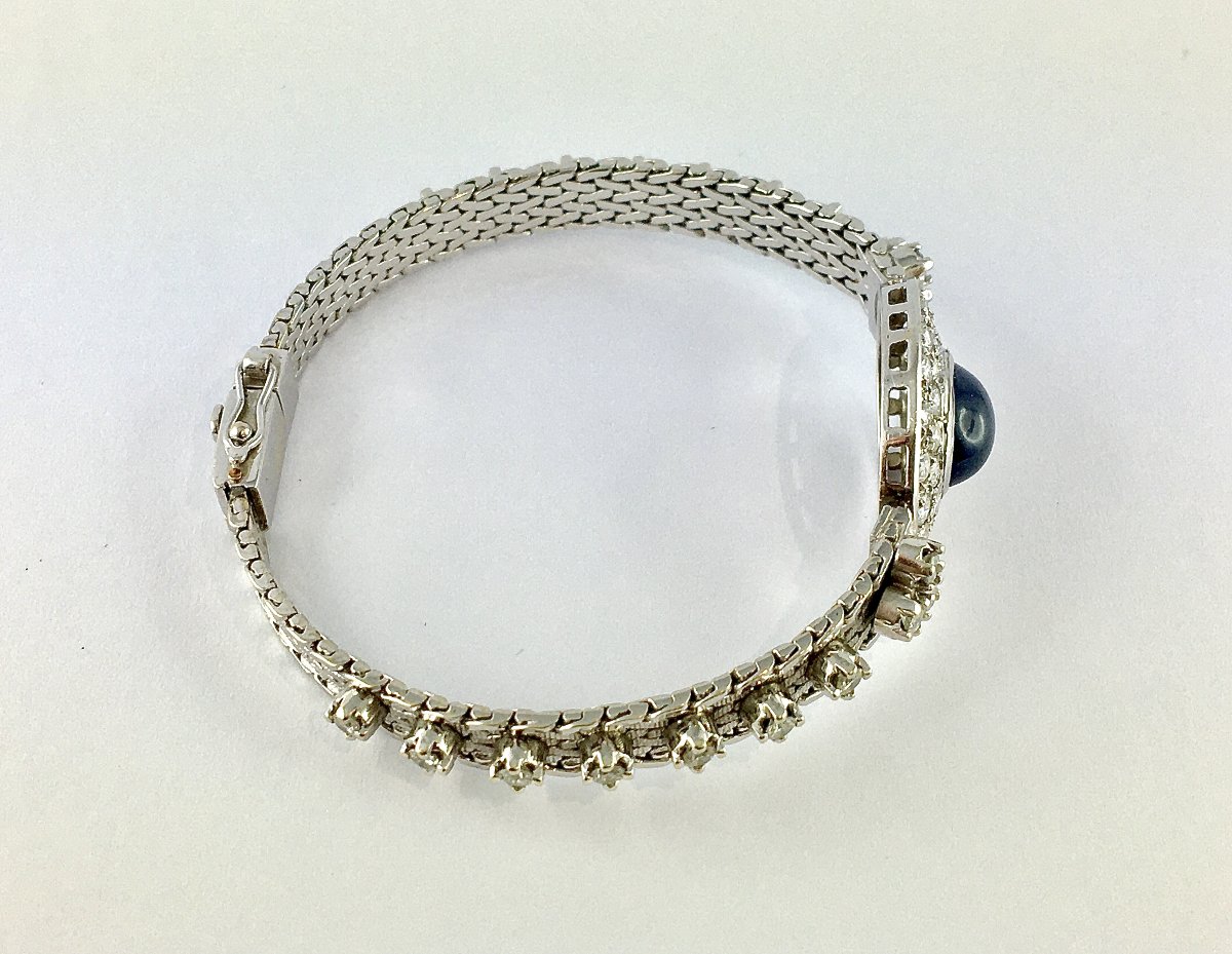 Vintage 70's Sapphire Cabochon And Diamond Pavage On White Gold Bracelet-photo-1