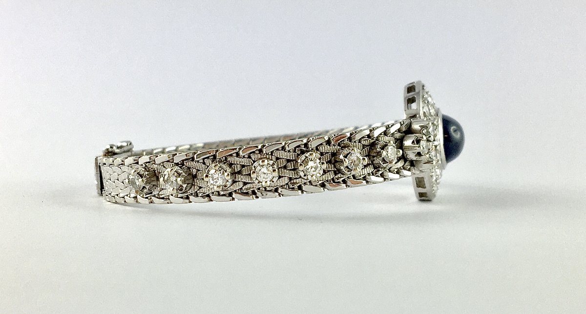 Vintage 70's Sapphire Cabochon And Diamond Pavage On White Gold Bracelet-photo-2