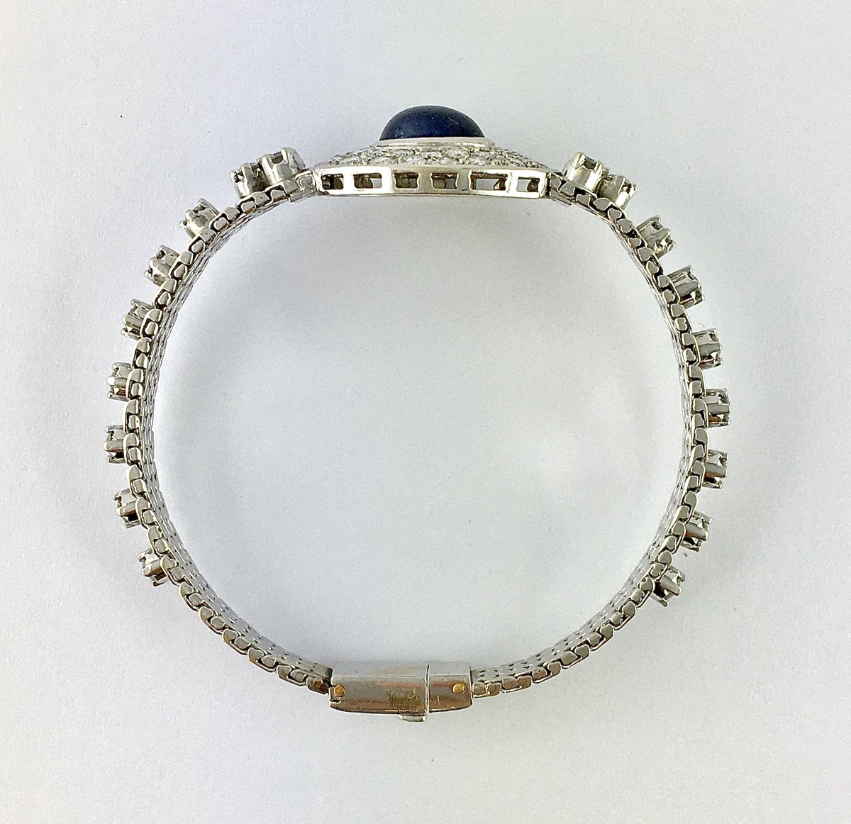 Vintage 70's Sapphire Cabochon And Diamond Pavage On White Gold Bracelet-photo-3