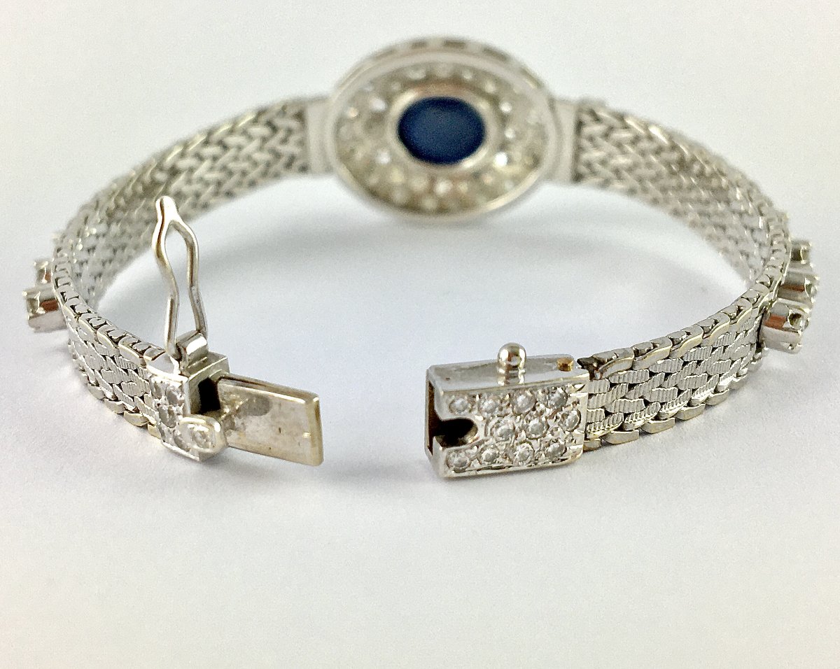 Vintage 70's Sapphire Cabochon And Diamond Pavage On White Gold Bracelet-photo-4