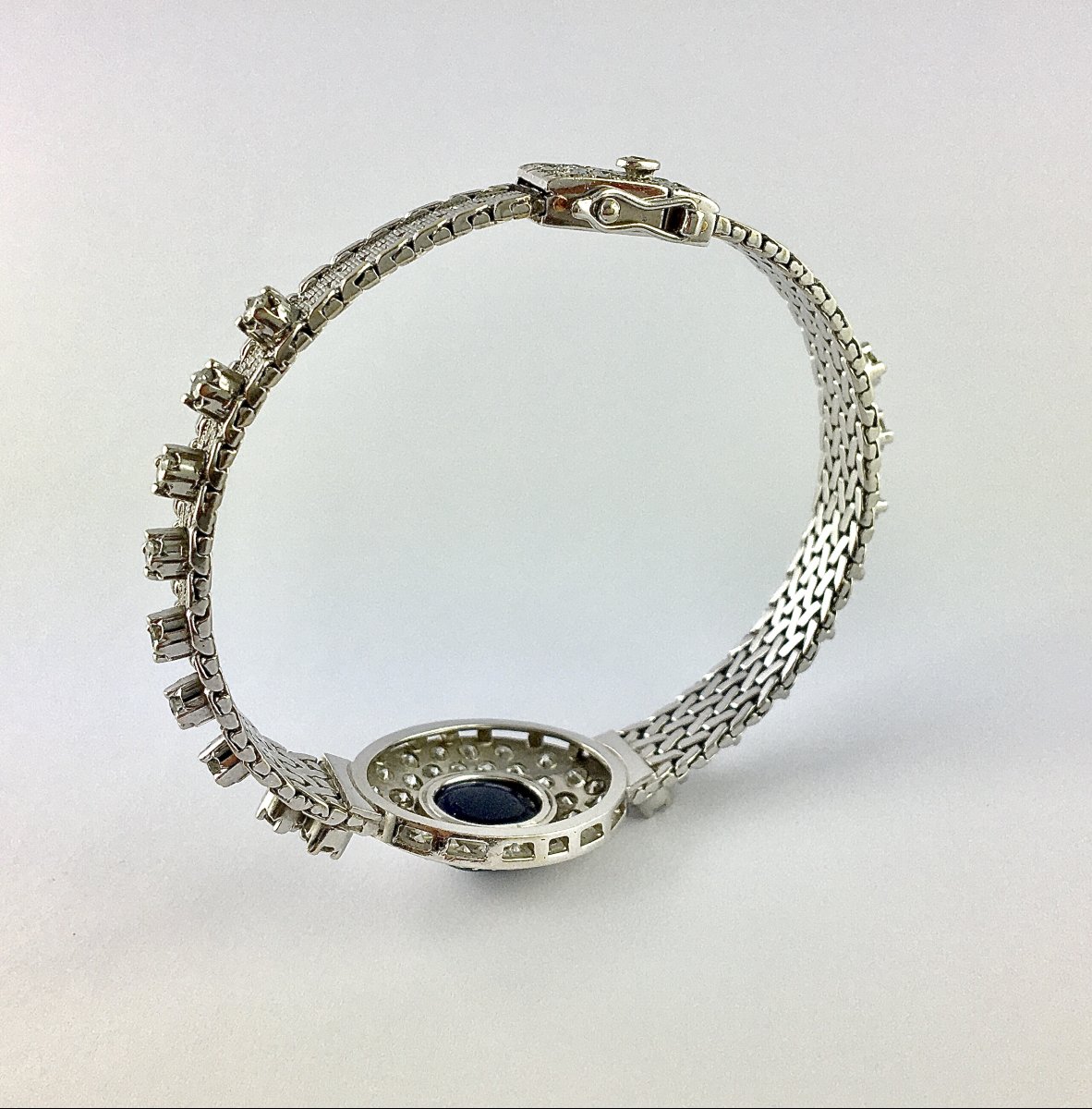 Vintage 70's Sapphire Cabochon And Diamond Pavage On White Gold Bracelet-photo-5