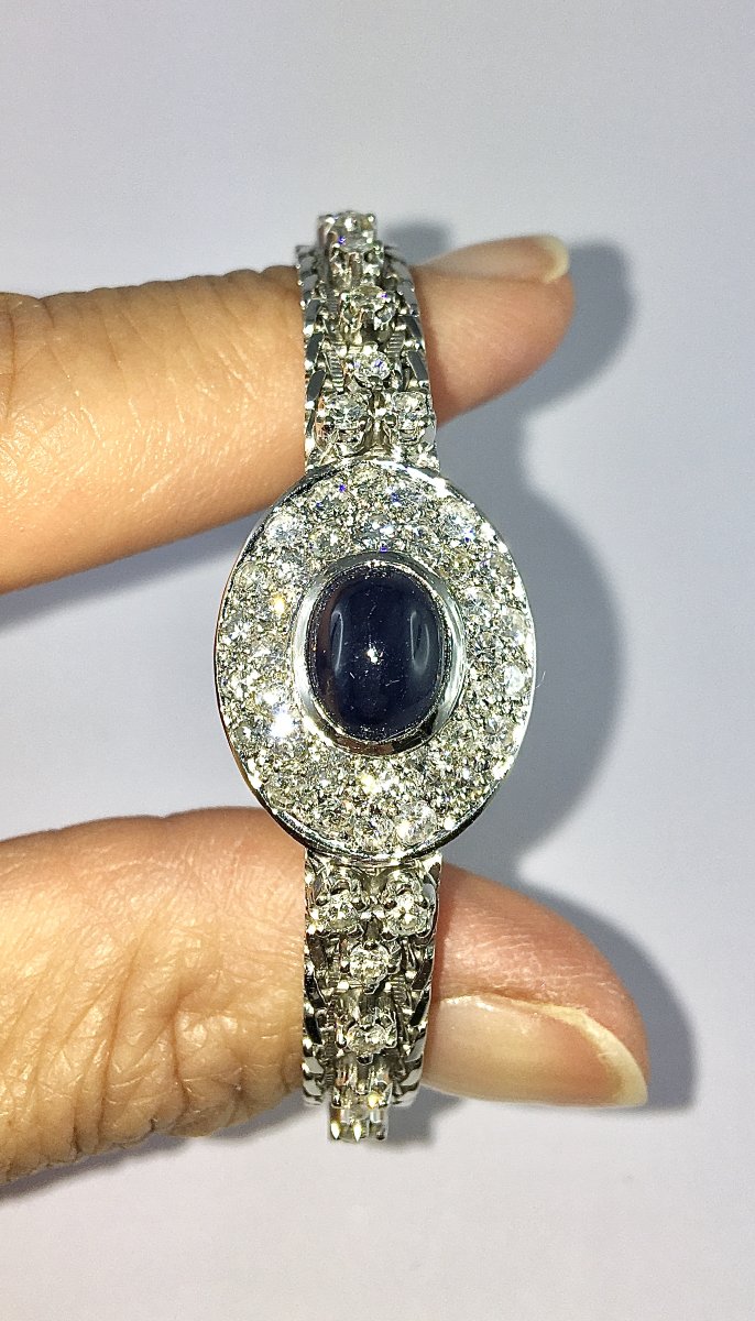 Vintage 70's Sapphire Cabochon And Diamond Pavage On White Gold Bracelet-photo-6