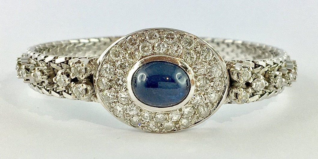 Vintage 70's Sapphire Cabochon And Diamond Pavage On White Gold Bracelet
