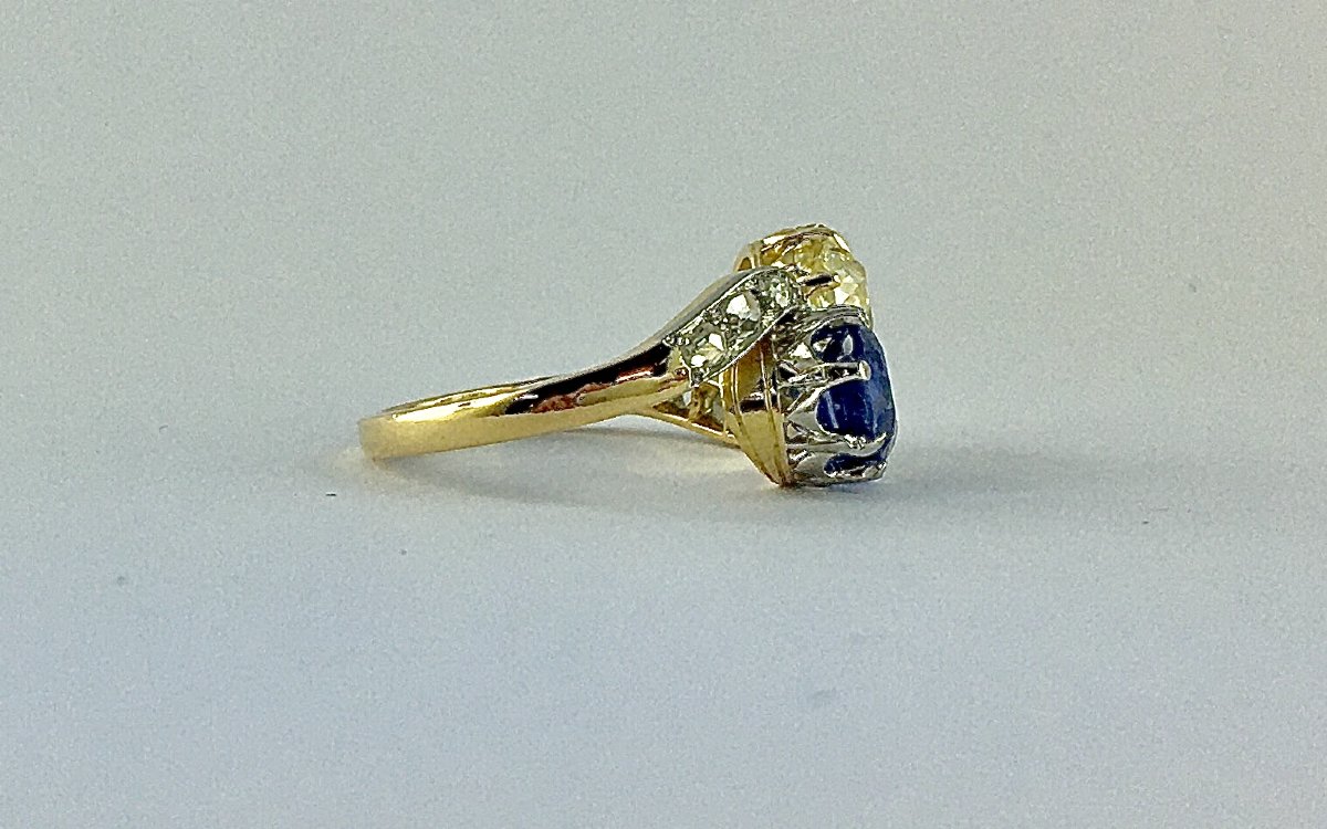 Toi Et Moi Ring Antique Cut Sapphire And Diamond On Yellow And White Golds-photo-5