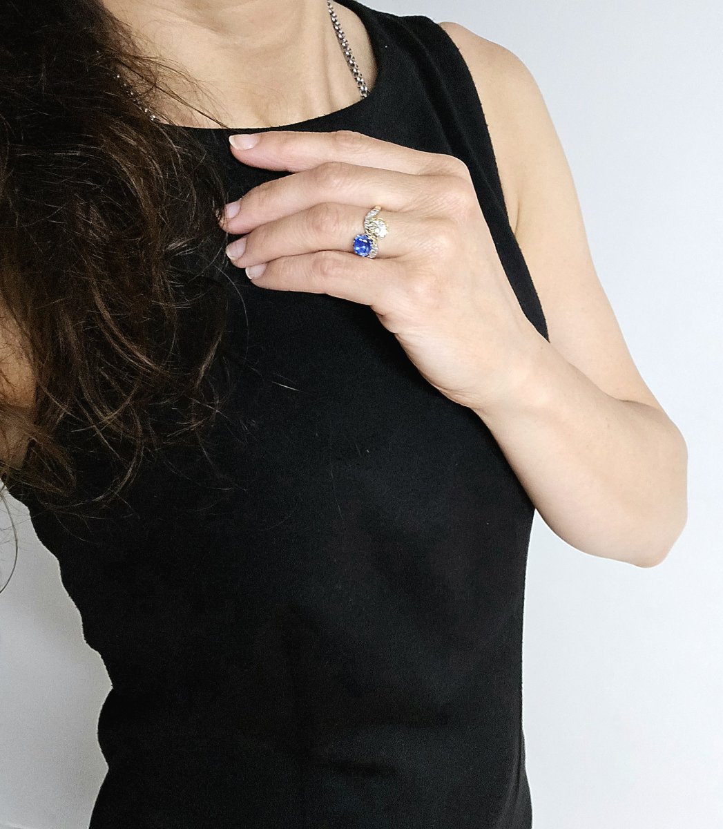 Toi Et Moi Ring Antique Cut Sapphire And Diamond On Yellow And White Golds-photo-8