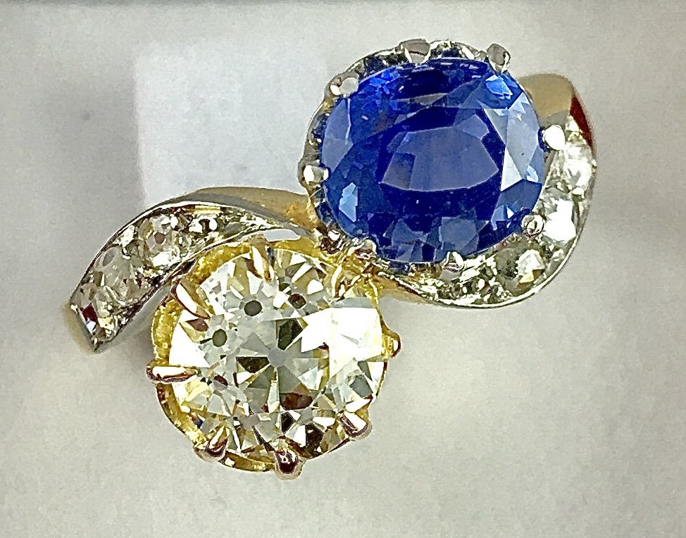 Toi Et Moi Ring Antique Cut Sapphire And Diamond On Yellow And White Golds