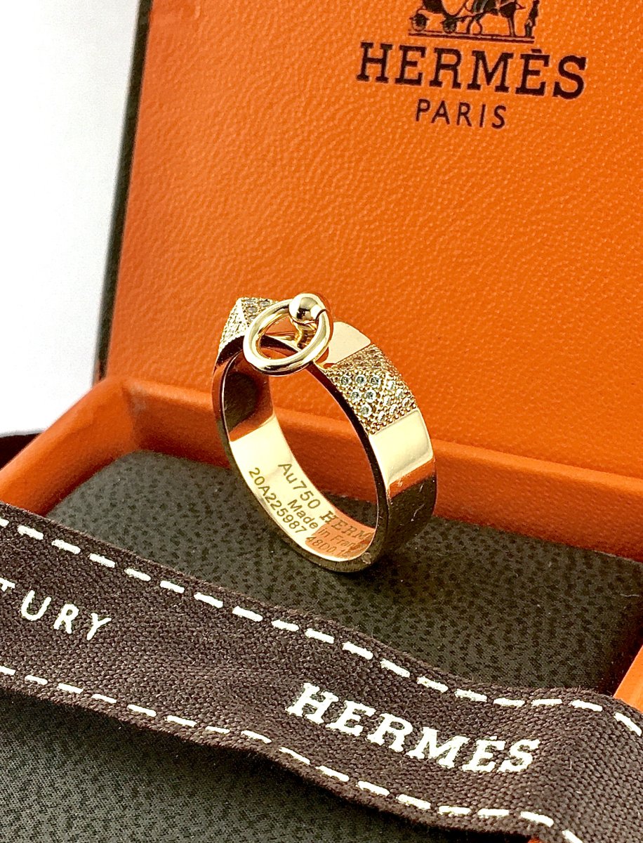 Hermès "collier De Chien" Diamond Pavé Ring In 18k Rose Gold, With Original Box-photo-4