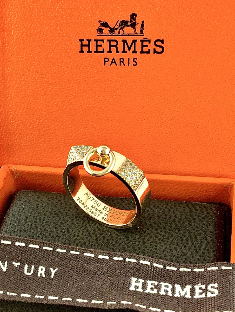 Hermès "collier De Chien" Diamond Pavé Ring In 18k Rose Gold, With Original Box-photo-1