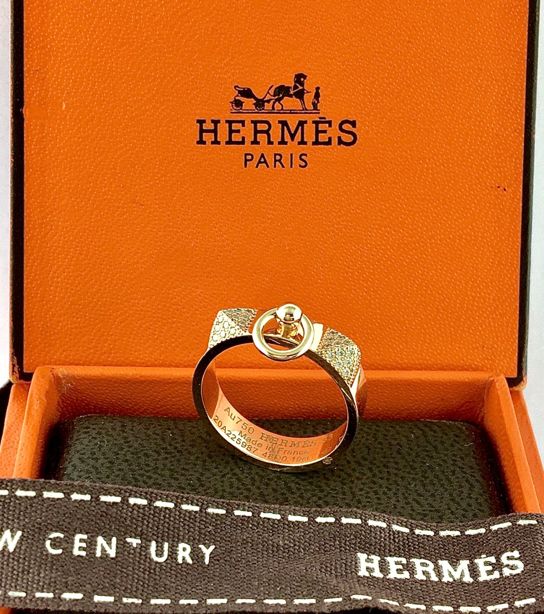 Hermès "collier De Chien" Diamond Pavé Ring In 18k Rose Gold, With Original Box
