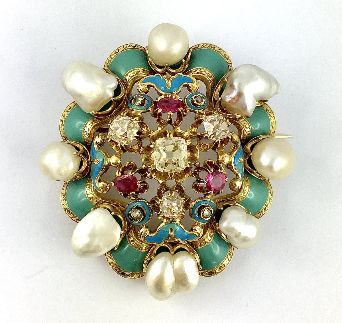 Broche Napoléon III Perles Fines, Diamants, Rubis et Émaux Polychromes sur Or Jaune -photo-2