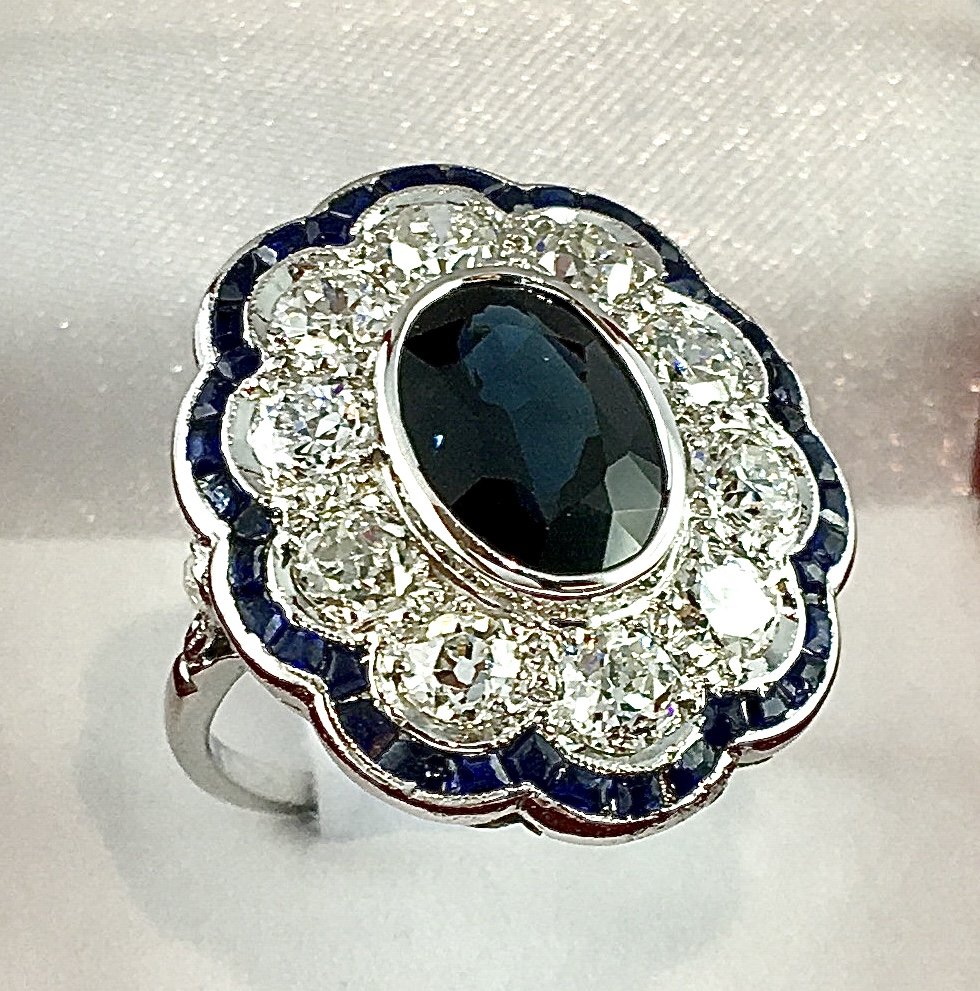 Art Deco-style Marguerite Ring, Sapphire, Old-cut Diamonds, And Calibrated Sapphires / White Gold-photo-2