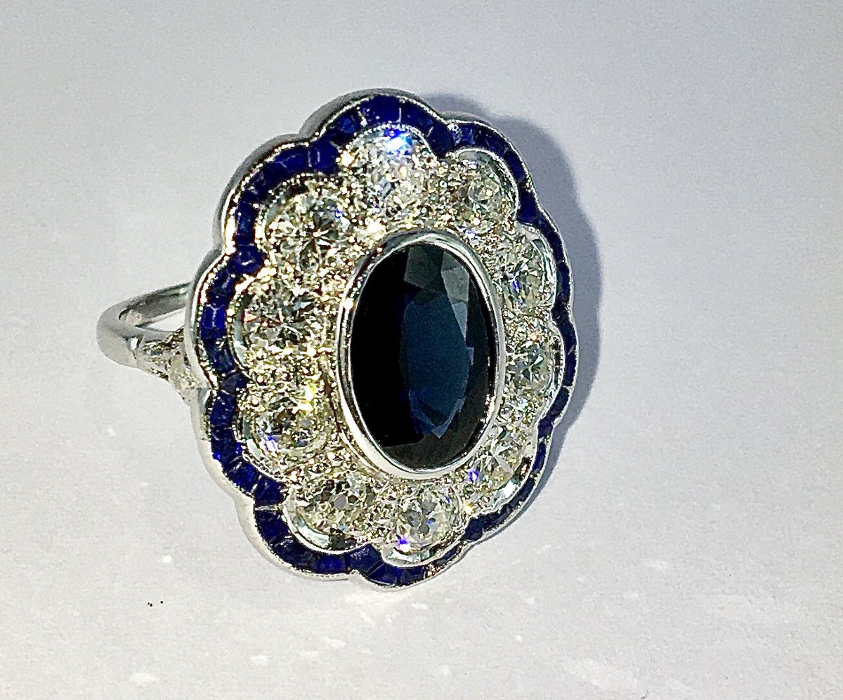 Art Deco-style Marguerite Ring, Sapphire, Old-cut Diamonds, And Calibrated Sapphires / White Gold-photo-3
