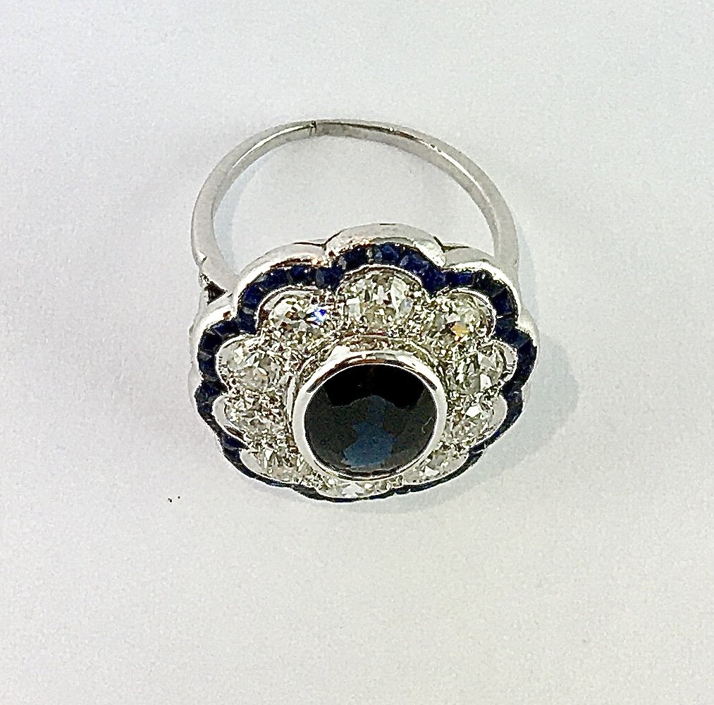 Art Deco-style Marguerite Ring, Sapphire, Old-cut Diamonds, And Calibrated Sapphires / White Gold-photo-2
