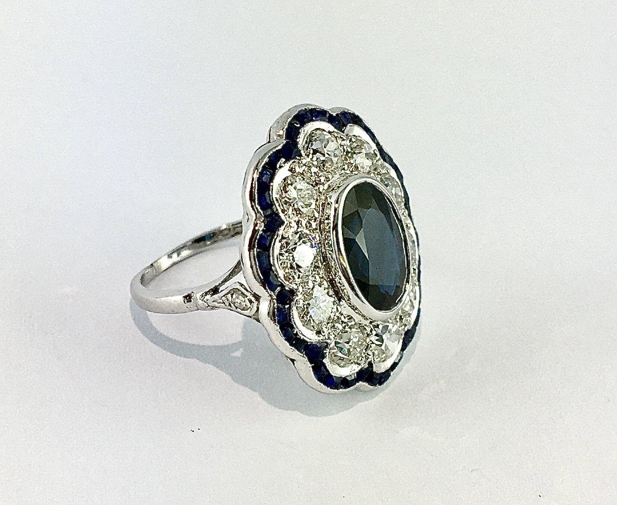 Art Deco-style Marguerite Ring, Sapphire, Old-cut Diamonds, And Calibrated Sapphires / White Gold-photo-3