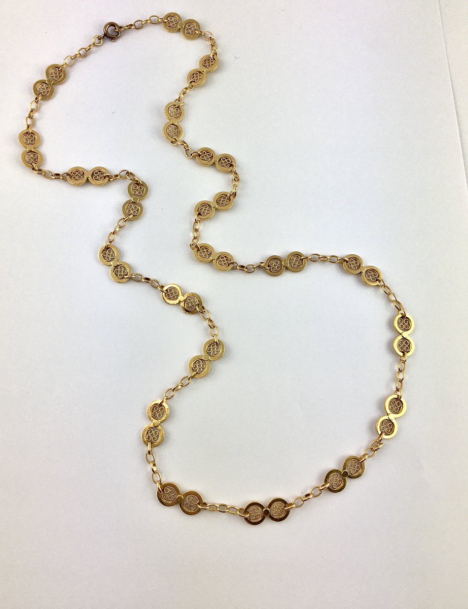 Yellow Gold Long Necklace With Round Filigree Chain And Double Circles -photo-2