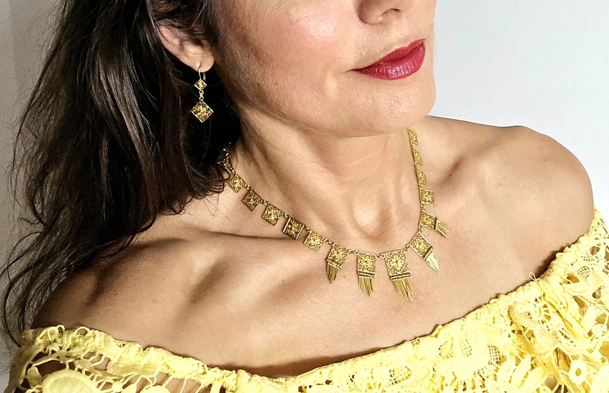 Demi-Parure Collier Plastron et Boucles d’Oreilles Pendants Filigrane en Or Jaune Années 1950-photo-4