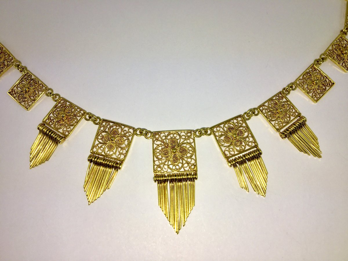 Demi-Parure Collier Plastron et Boucles d’Oreilles Pendants Filigrane en Or Jaune Années 1950-photo-3