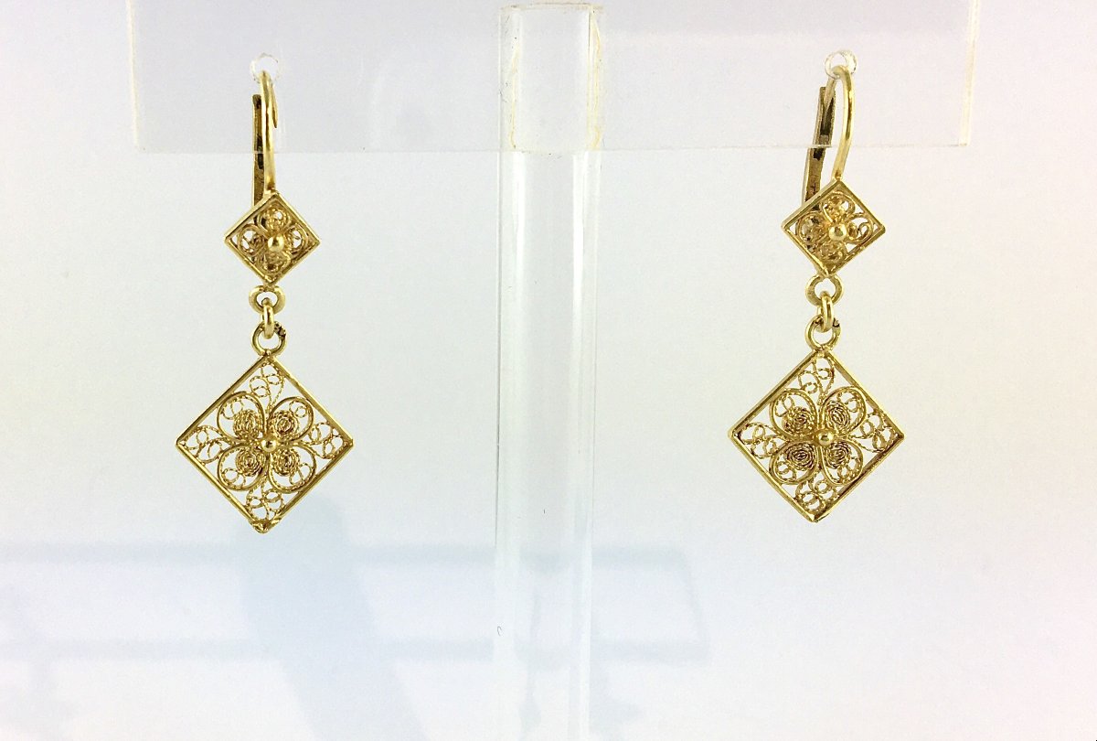 Demi-Parure Collier Plastron et Boucles d’Oreilles Pendants Filigrane en Or Jaune Années 1950-photo-4