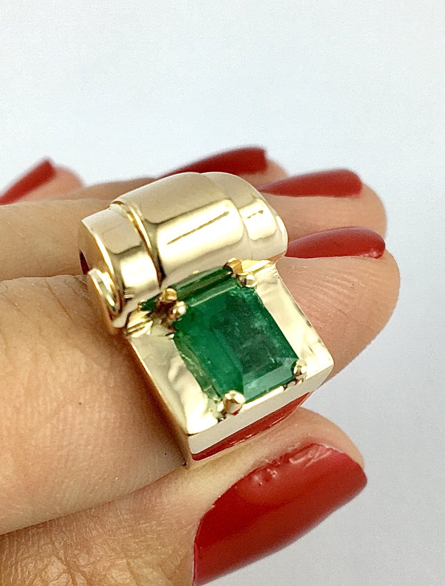 Bague Tank Asymétrique Émeraude Taille Émeraude sur Or Jaune-photo-3