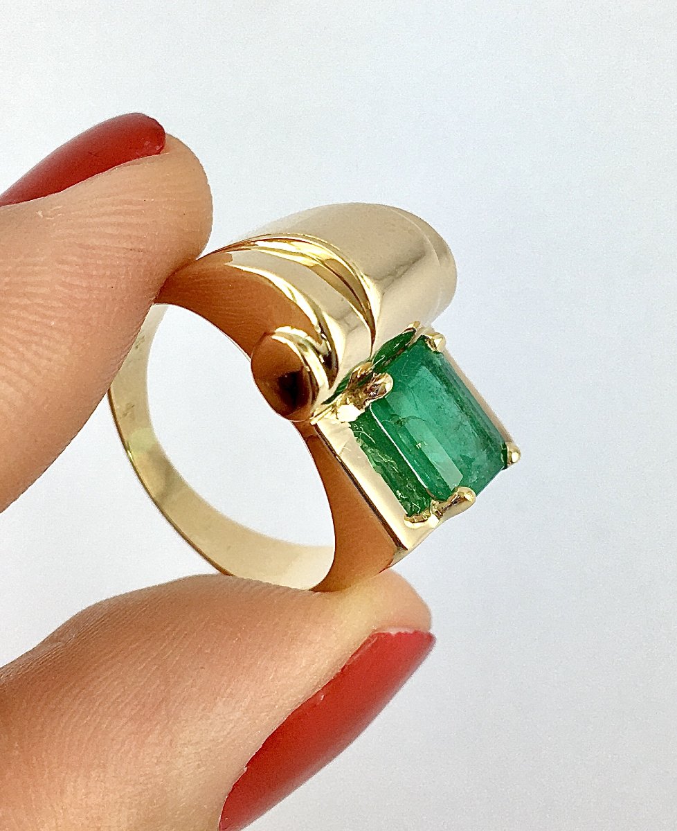 Bague Tank Asymétrique Émeraude Taille Émeraude sur Or Jaune-photo-1