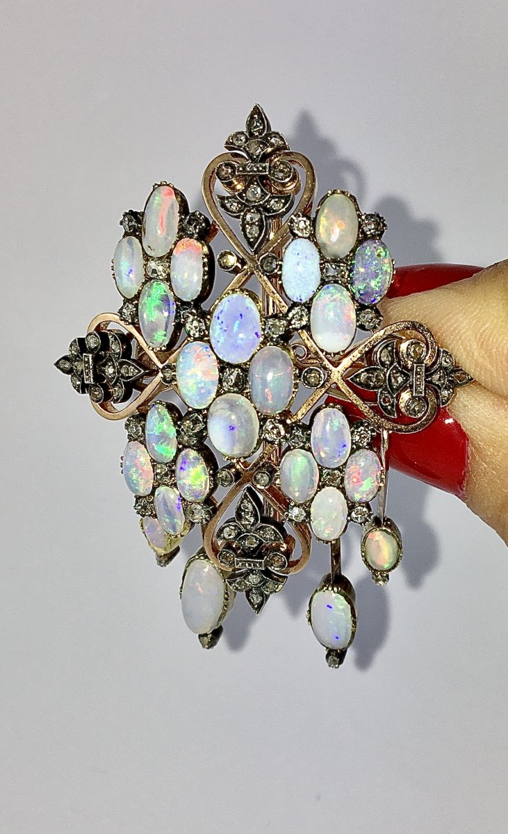 Broche Napoléon III à Pampilles de Type Chandelier en Opales et Diamants sur Or Rose et Argent-photo-2